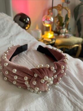 Pink Velvet Knotted Pearl Headband Top Knot Faux Pearl Hair Accessory